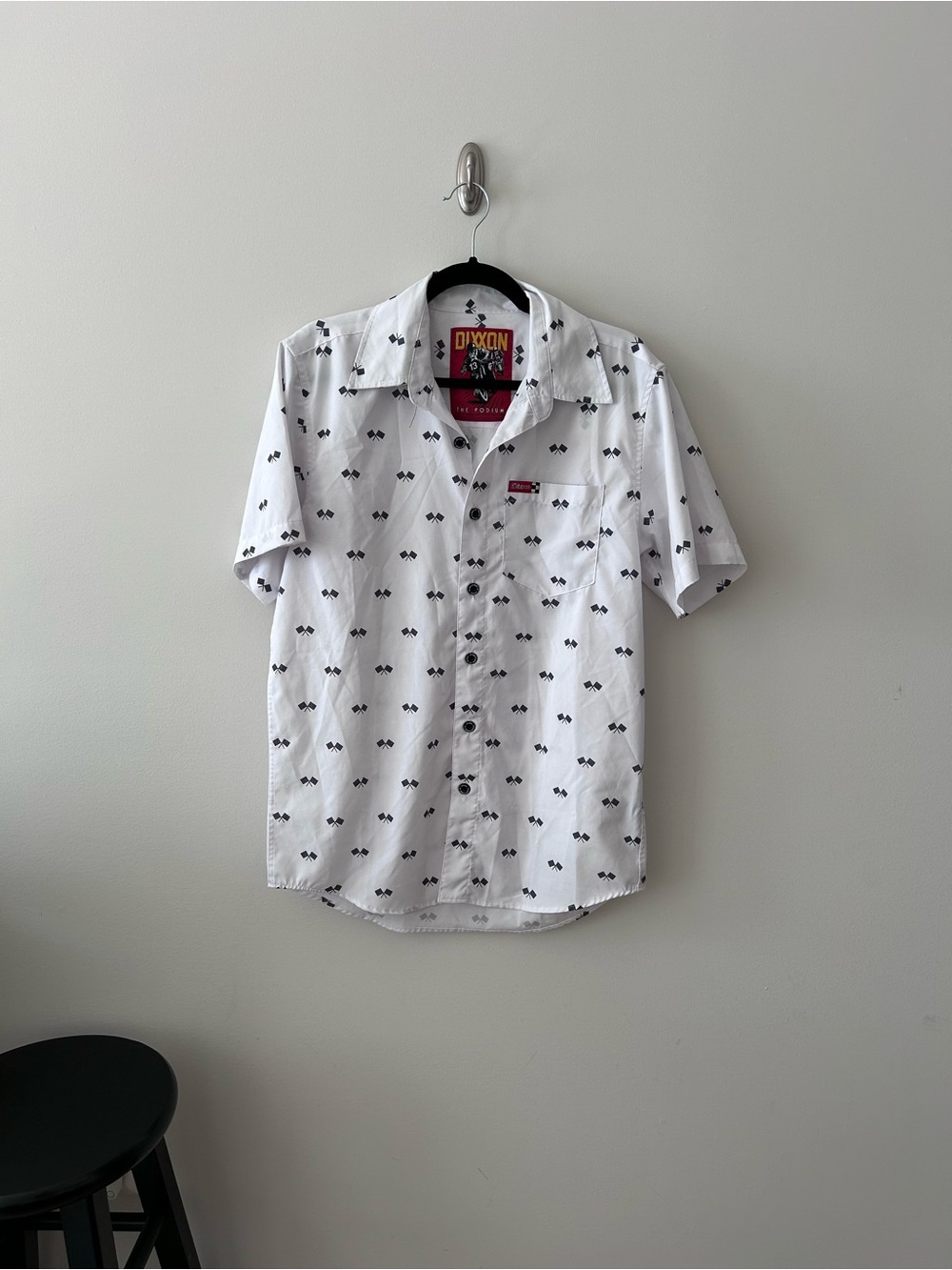 DIXXON White Short-Sleeve Button-Down Shirt | “Podium” Moto Checkered Flag Print